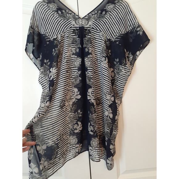 CABi Yacht Blue Floral Striped Sheer Lightweight Blouse size M GUC 5024 - Picture 2 of 6